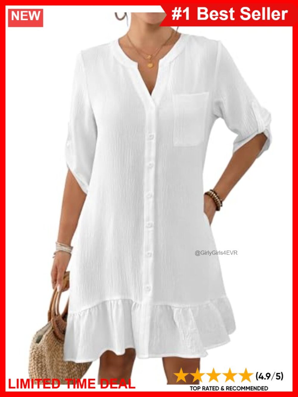 Ruffle Hem Button Down Beach Coverup Shirt Dress